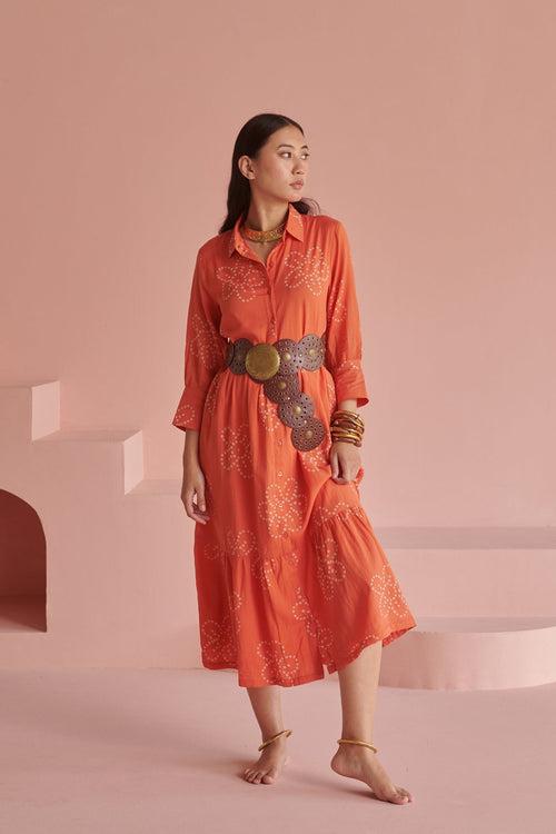 Orange Bandhej Gathered Dress