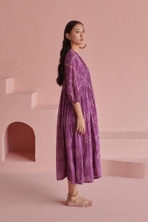 Purple Bandhej Pleated Dress