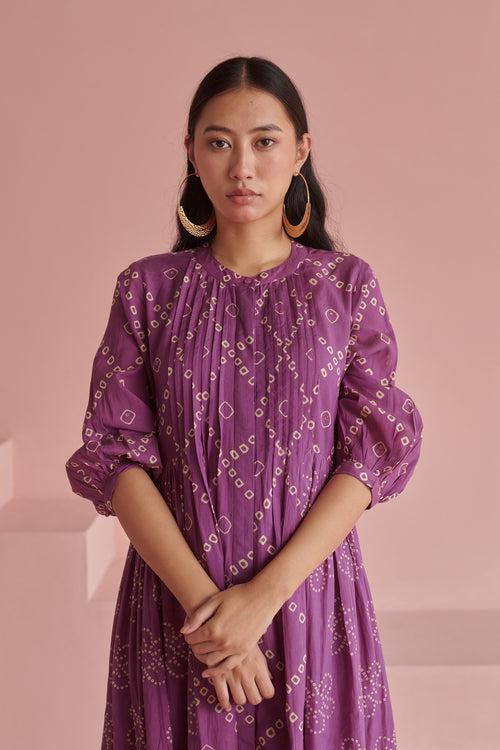 Purple Bandhej Pleated Dress