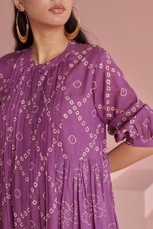 Purple Bandhej Pleated Dress