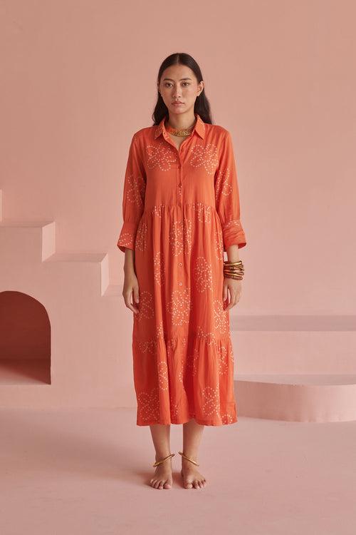 Orange Bandhej Gathered Dress