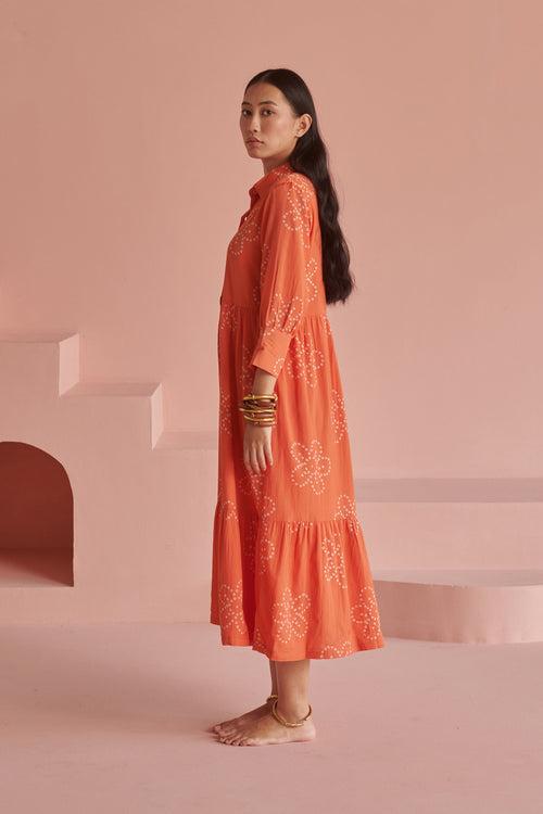 Orange Bandhej Gathered Dress