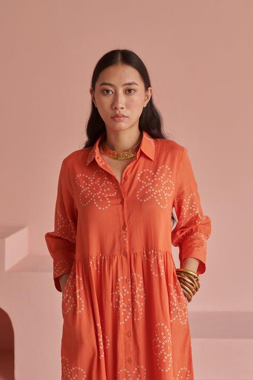 Orange Bandhej Gathered Dress