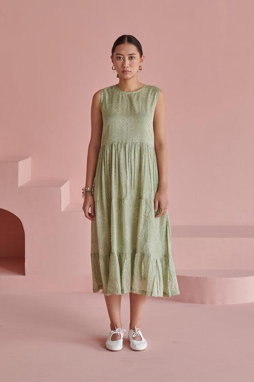 Green Bandhej Sleeveless Dress