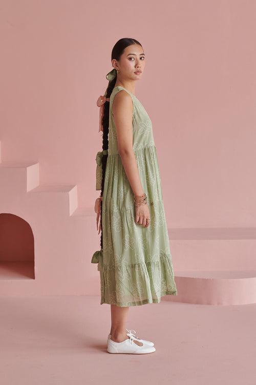 Green Bandhej Sleeveless Dress