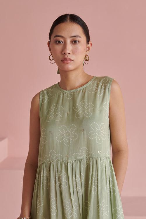 Green Bandhej Sleeveless Dress