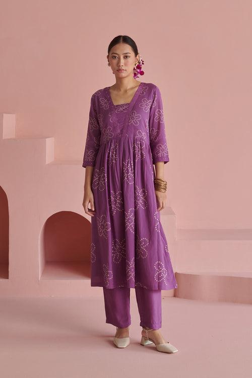 Purple Bandhej Gathered Kurta Set