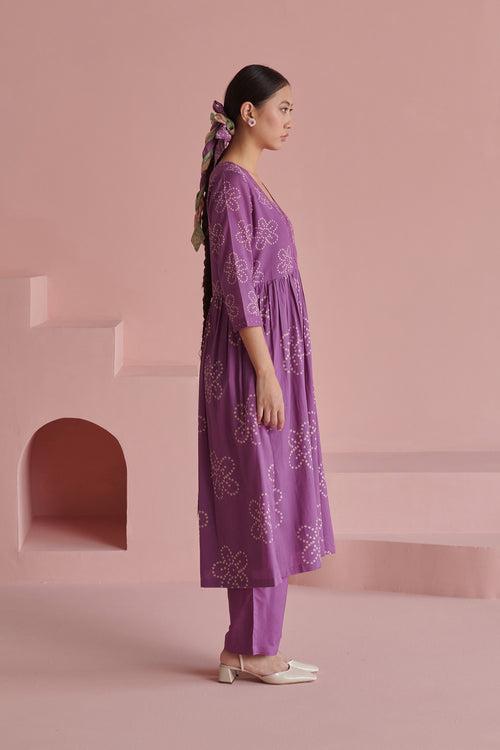 Purple Bandhej Gathered Kurta Set