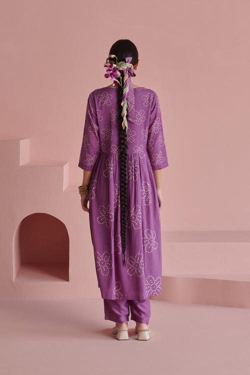 Purple Bandhej Gathered Kurta Set