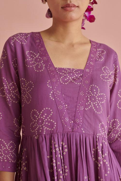 Purple Bandhej Gathered Kurta Set