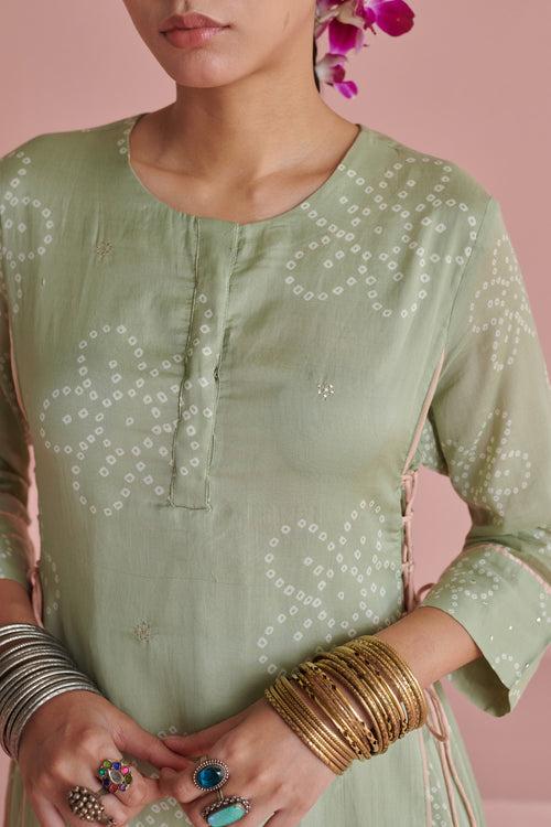 Green Bandhej Side Tie Kurta Set