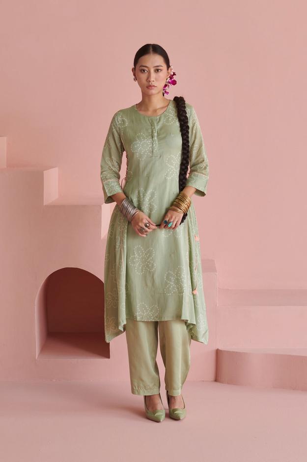 Green Bandhej Side Tie Kurta Set