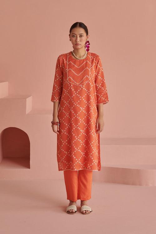 Orange Bandhej Straight Kurta Set