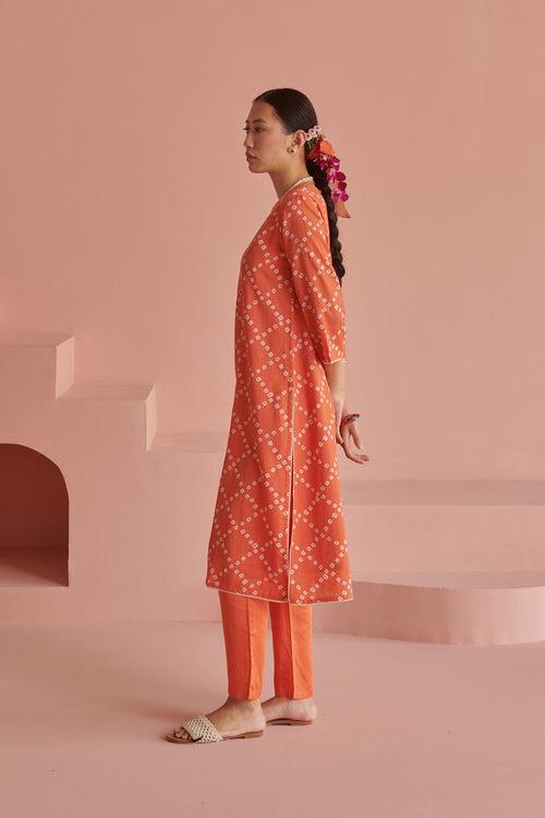 Orange Bandhej Straight Kurta Set