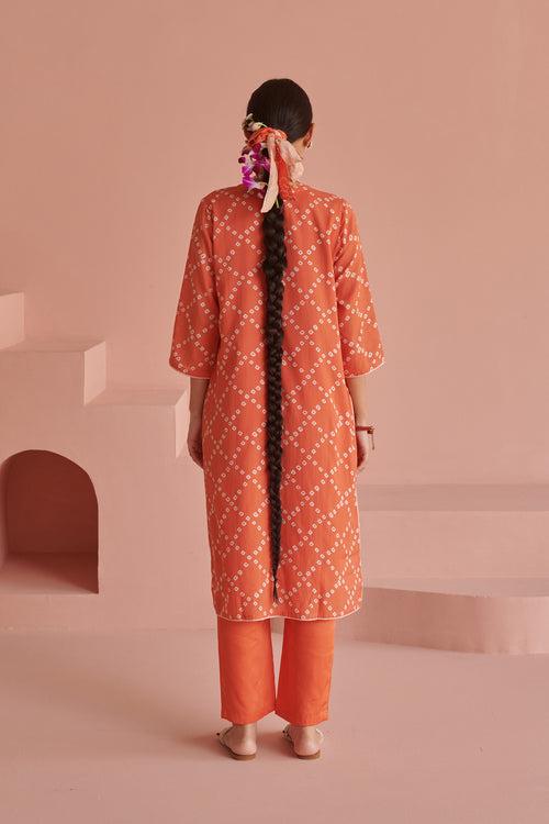 Orange Bandhej Straight Kurta Set