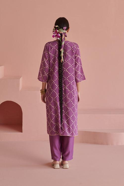 Purple Bandhej Straight Kurta Set