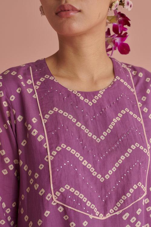 Purple Bandhej Straight Kurta Set