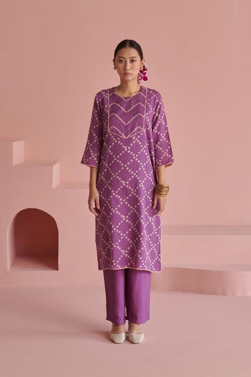 Purple Bandhej Straight Kurta Set