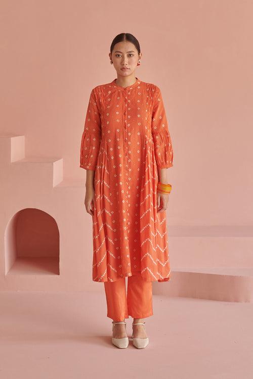 Orange Bandhej Smock Kurta Set