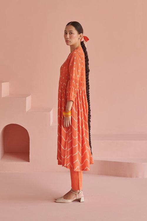 Orange Bandhej Smock Kurta Set