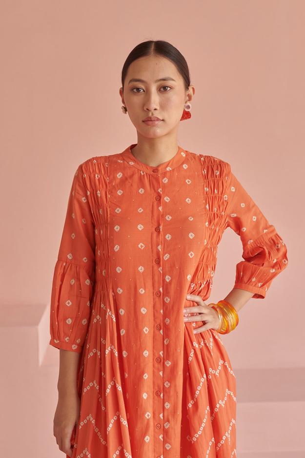 Orange Bandhej Smock Kurta Set