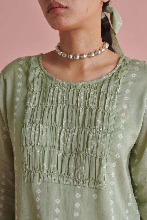 Green Bandhej Straight Smock Kurta Set