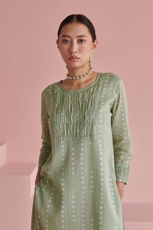 Green Bandhej Straight Smock Kurta Set