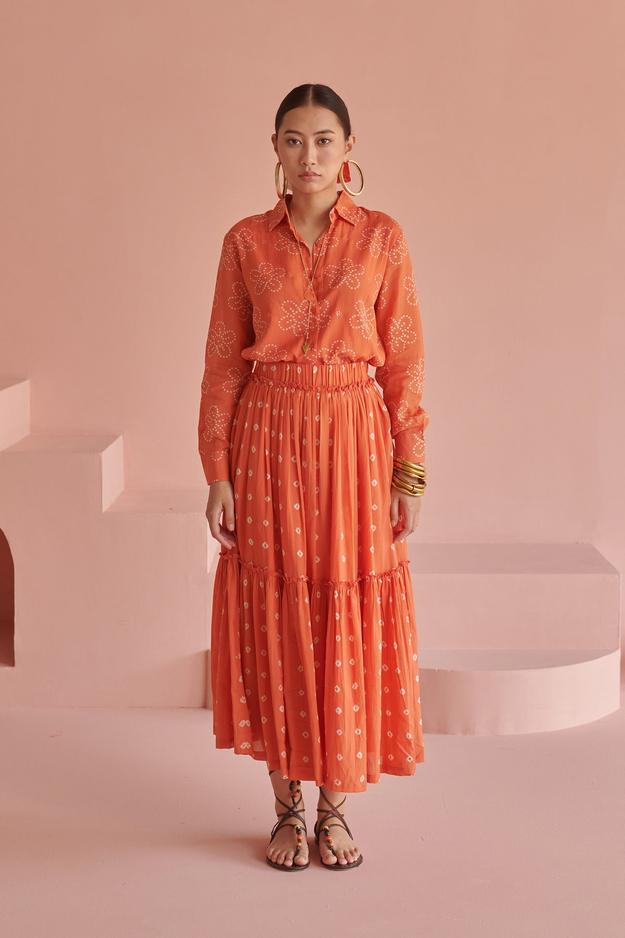 Orange Bandhej Skirt Set