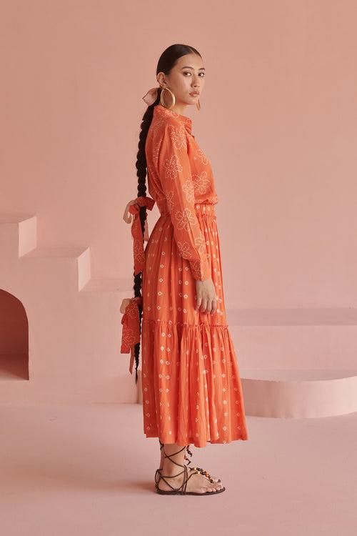 Orange Bandhej Skirt Set