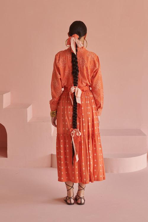 Orange Bandhej Skirt Set