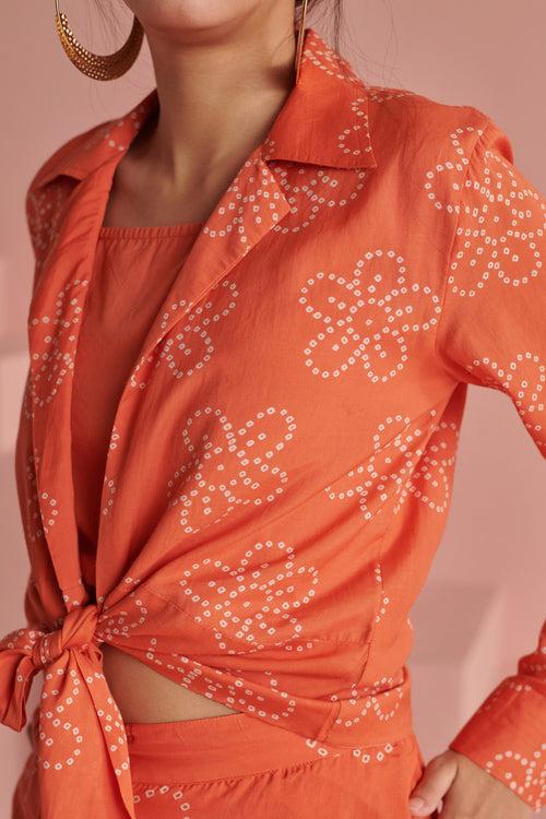 Orange Bandhej Tie Shirt Set