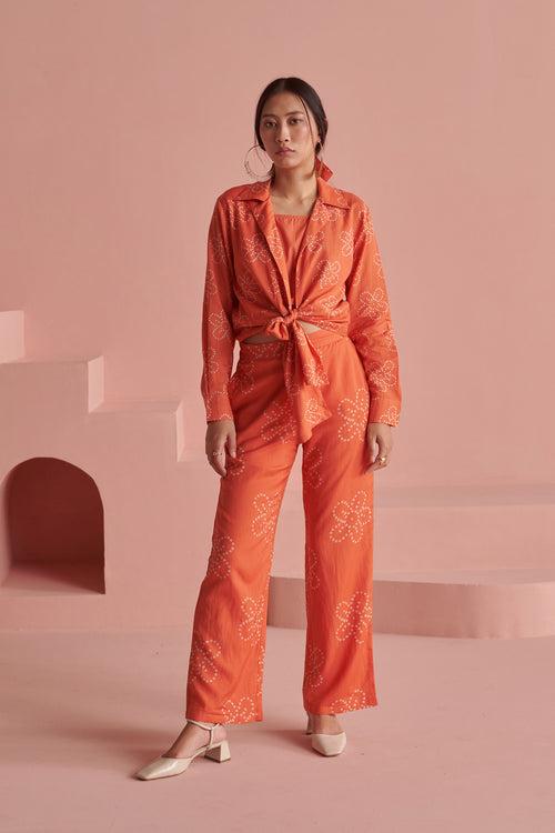 Orange Bandhej Tie Shirt Set