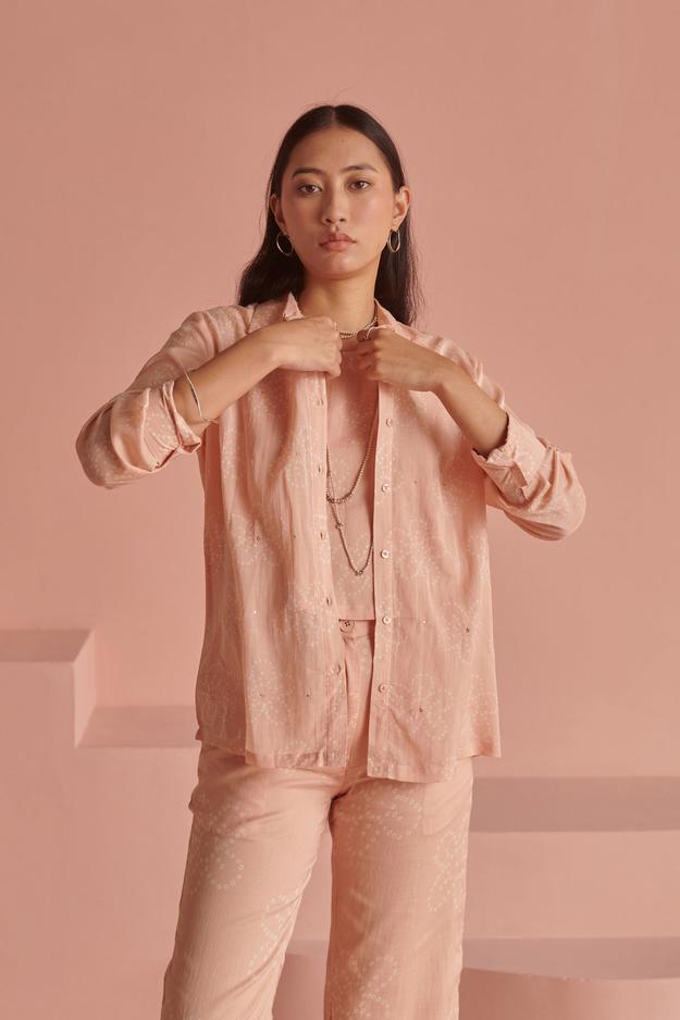 Peach Bandhej Shirt Set