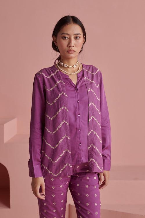 Purple Bandhej Shirt Jacket Set