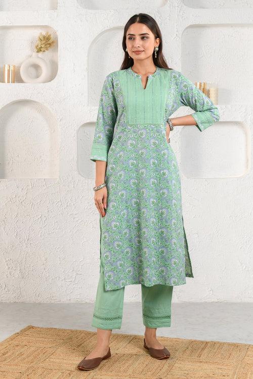 Green Field Embroidered Kurta