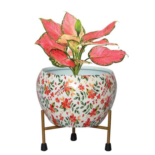 Lio White Floral Metal Pot with Stand