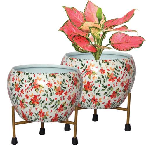 Lio White Floral Metal Pot with Stand