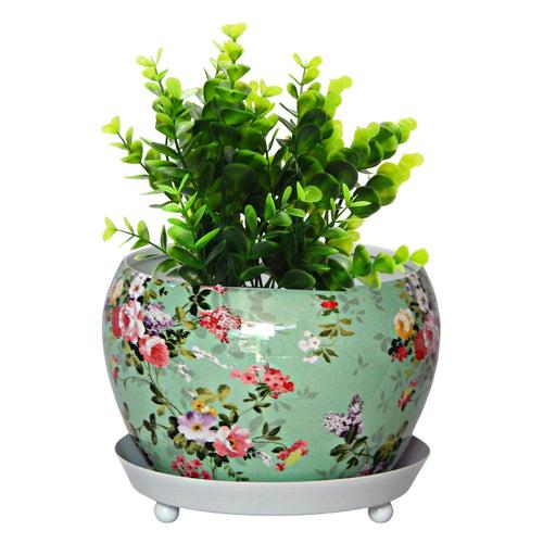 Lily Green Floral Metal Pot with Saucer Plate