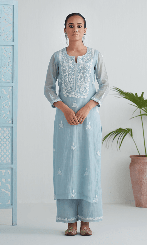 Chikankari Sky Blue Straight Kurta With Palazzo And Dupatta  ( Set Of 3)