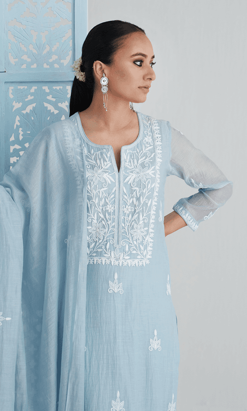 Chikankari Sky Blue Straight Kurta With Palazzo And Dupatta  ( Set Of 3)