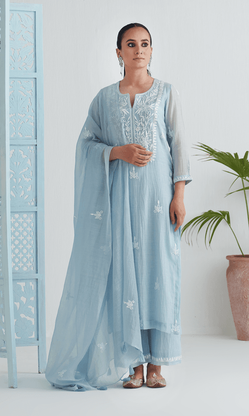 Chikankari Sky Blue Straight Kurta With Palazzo And Dupatta  ( Set Of 3)