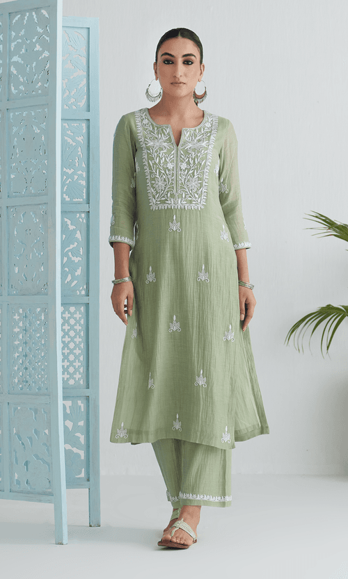 Chikankari Pista Green Straight Kurta With Palazzo And Dupatta  ( Set Of 3) RTS