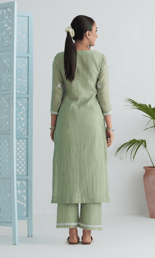 Chikankari Pista Green Straight Kurta With Palazzo And Dupatta  ( Set Of 3) RTS