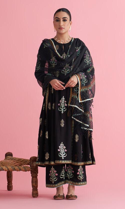 Apala Black Foil print Anarkali with palazzo and dupatta(set of 3) RTS