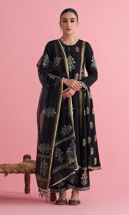 Apala Black Foil print Anarkali with palazzo and dupatta(set of 3) RTS