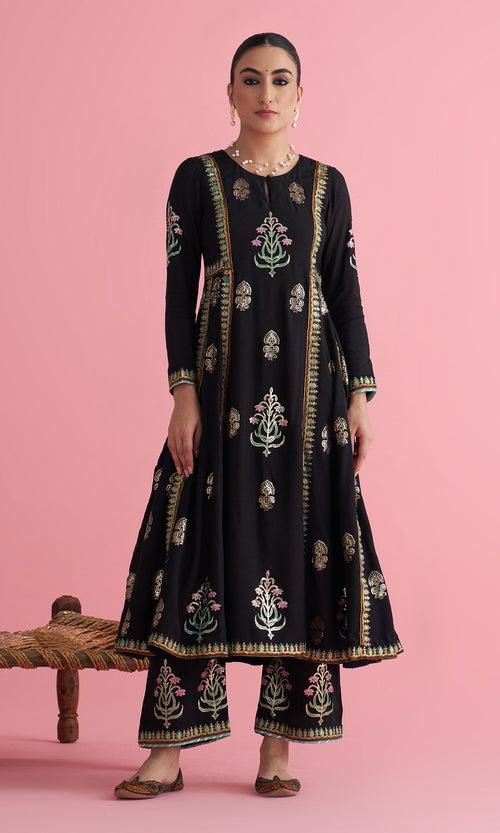 Apala Black Foil print Anarkali with palazzo and dupatta(set of 3) RTS