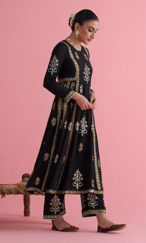 Apala Black Foil print Anarkali with palazzo and dupatta(set of 3) RTS