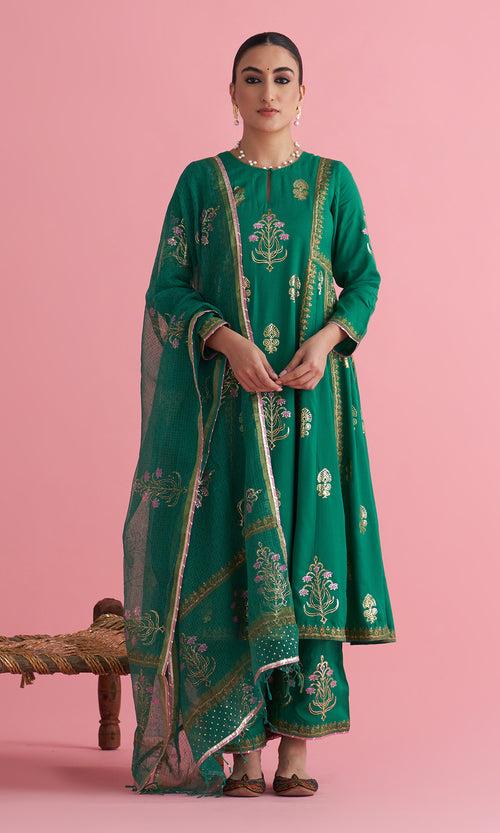 Apala Green Foil Print Anarkali with Palazzo and Dupatta(set of 3)