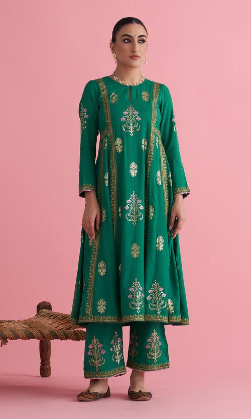 Apala Green Foil Print Anarkali with Palazzo and Dupatta(set of 3)