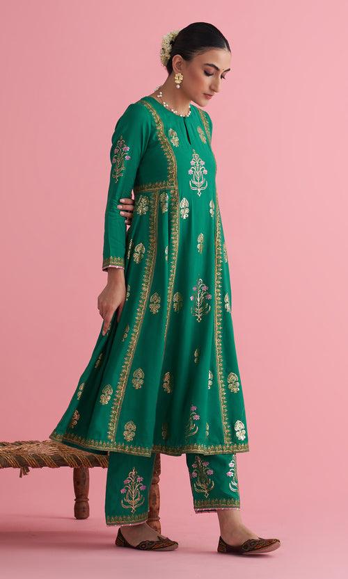 Apala Green Foil Print Anarkali with Palazzo and Dupatta(set of 3)